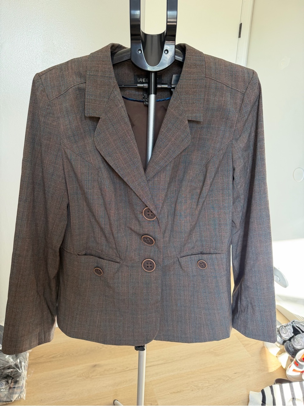 Lane Bryant Brown Plaid Tailored Blazer with Subtle Blue Check